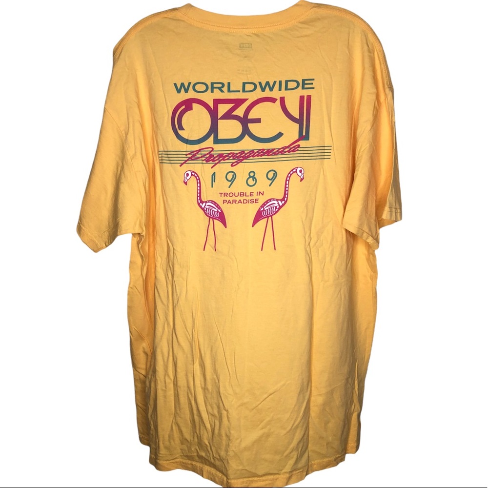 OBEY Yellow Pink WORLDWIDE PROPAGANDA 1989 Flamingo Short Sleeve T- Shirt